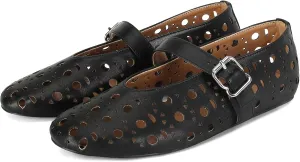 MICIFA Ballet Flats for Women with Buckle Strap Mesh Perforated Metal Studded Mary Jane Comfortable Ballerina Flat Shoes Metallic