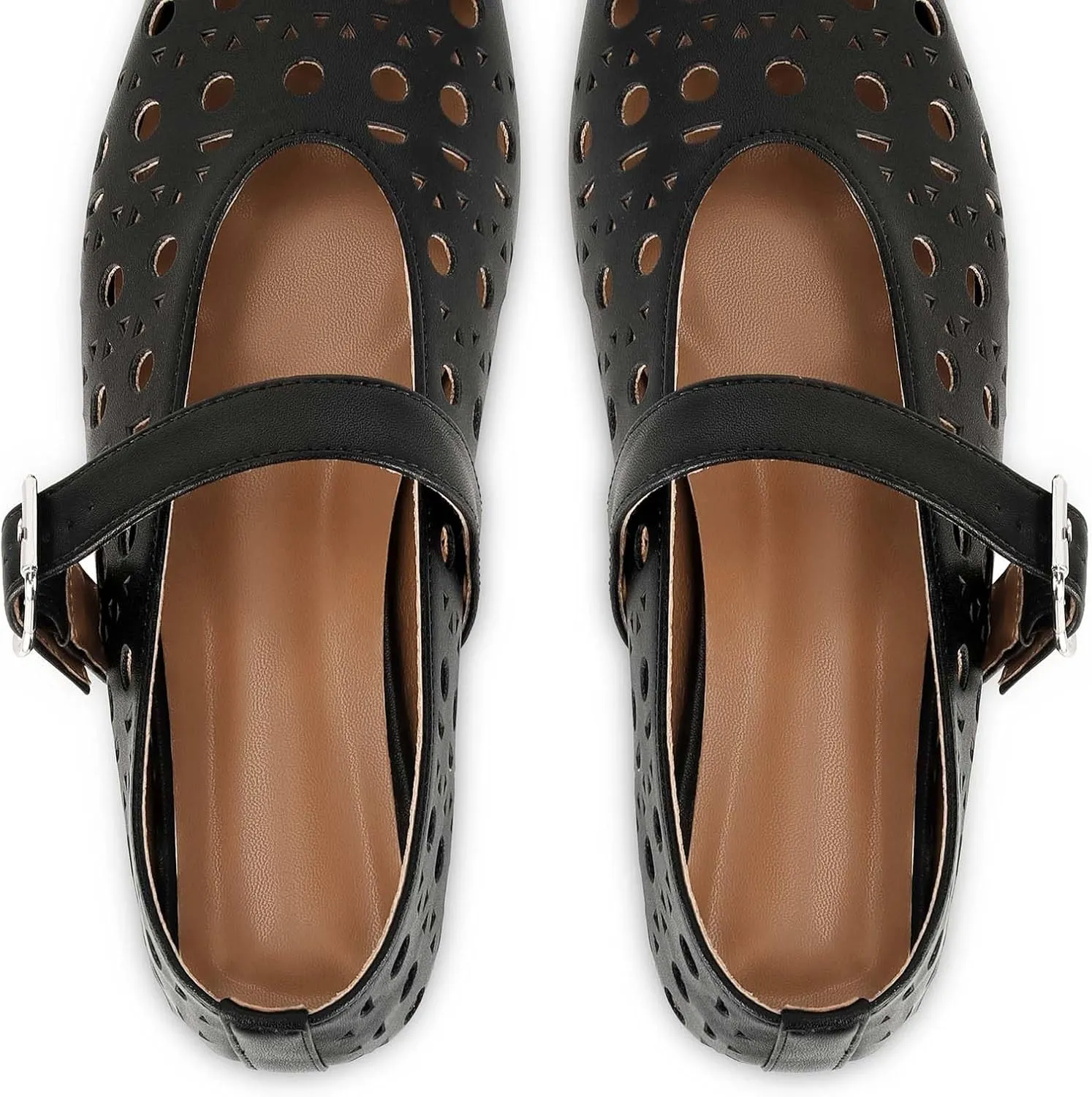MICIFA Ballet Flats for Women with Buckle Strap Mesh Perforated Metal Studded Mary Jane Comfortable Ballerina Flat Shoes Metallic