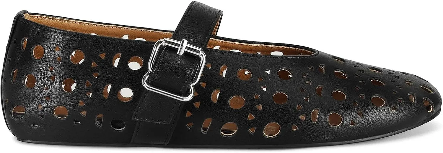 MICIFA Ballet Flats for Women with Buckle Strap Mesh Perforated Metal Studded Mary Jane Comfortable Ballerina Flat Shoes Metallic