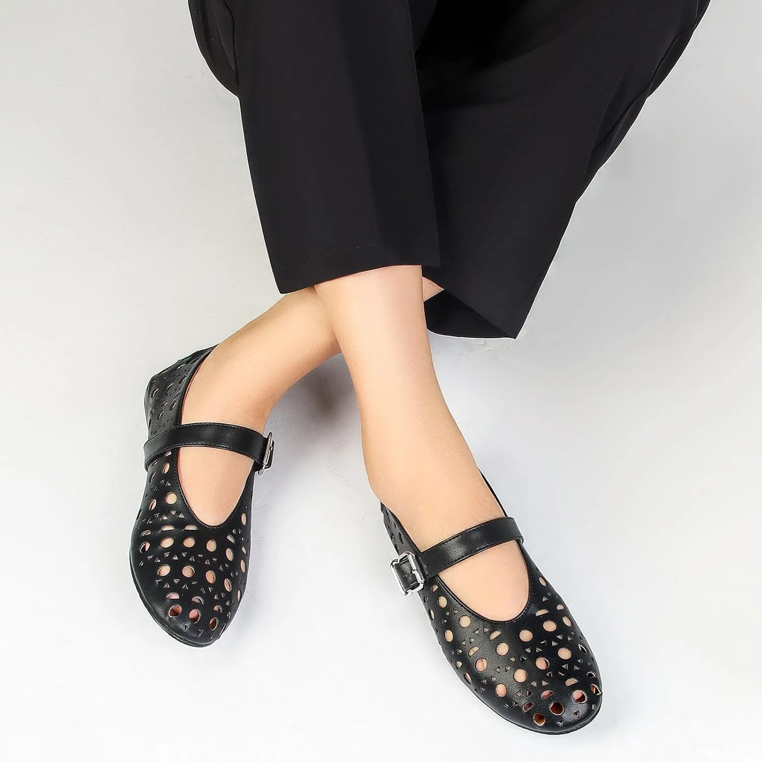 MICIFA Ballet Flats for Women with Buckle Strap Mesh Perforated Metal Studded Mary Jane Comfortable Ballerina Flat Shoes Metallic