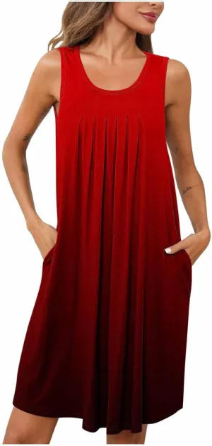 Midi Dresses for Women Summer Crew Neck Sleeveless Striped Sun Dresses Casual Soft Lounge Dress with Pockets