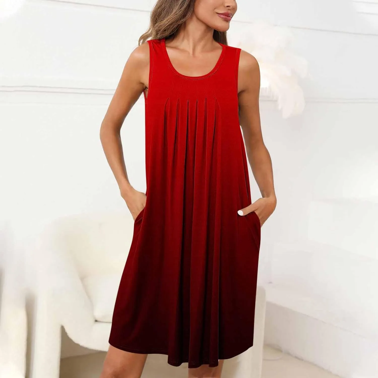 Midi Dresses for Women Summer Crew Neck Sleeveless Striped Sun Dresses Casual Soft Lounge Dress with Pockets