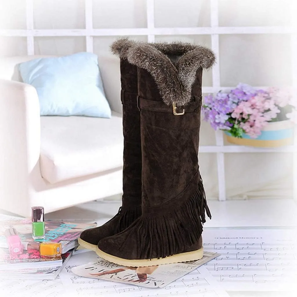 MIOKE Women's Winter Knee High Tall Snow Boots Fashion Buckle Fringe Waterproof Warm Fur Wide Calf Snow Boot