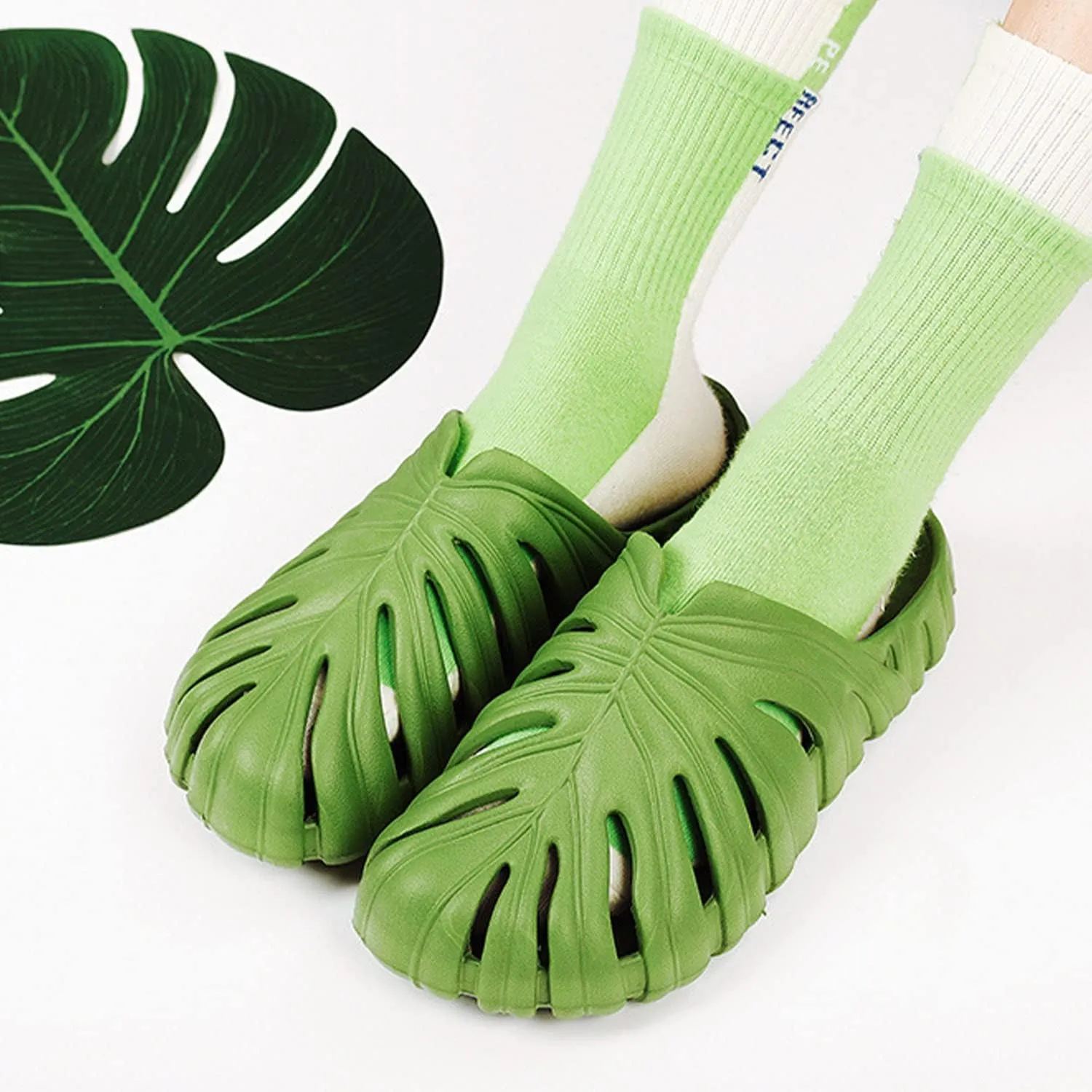 Monstera Slippers, Monstera Leaf Slides, Monstera Pillow Slippers Non-Slip Quick Drying Soft Open Toe Bathroom Sandals Shower Slippers Monstera Slides for Women and Men (US8, White)