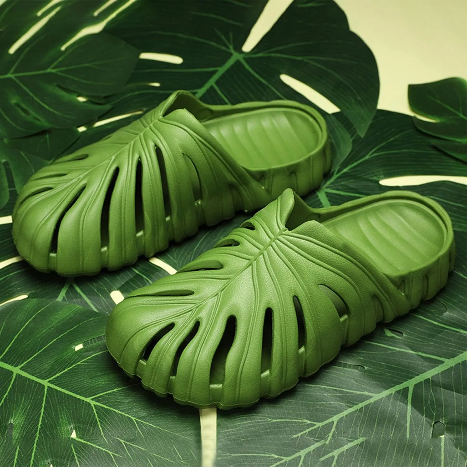 Monstera Slippers, Monstera Leaf Slides, Monstera Pillow Slippers Non-Slip Quick Drying Soft Open Toe Bathroom Sandals Shower Slippers Monstera Slides for Women and Men (US8, White)