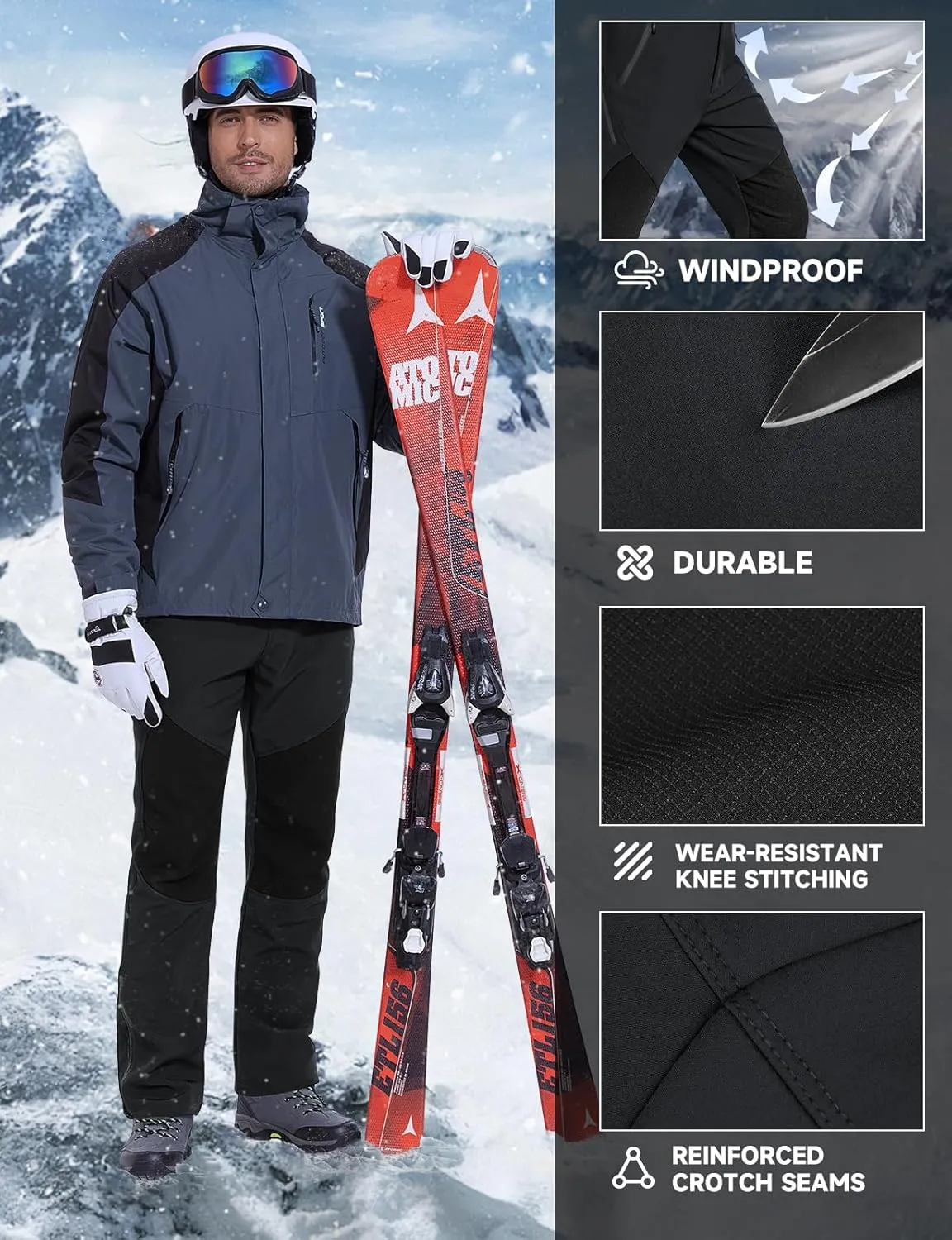 Moosehill Mens-Snow-Ski-Pants-Fleece-Lined-Pants Waterproof Winter Softshell Insulated Zipper Bottom Leg for Hiking Outdoor