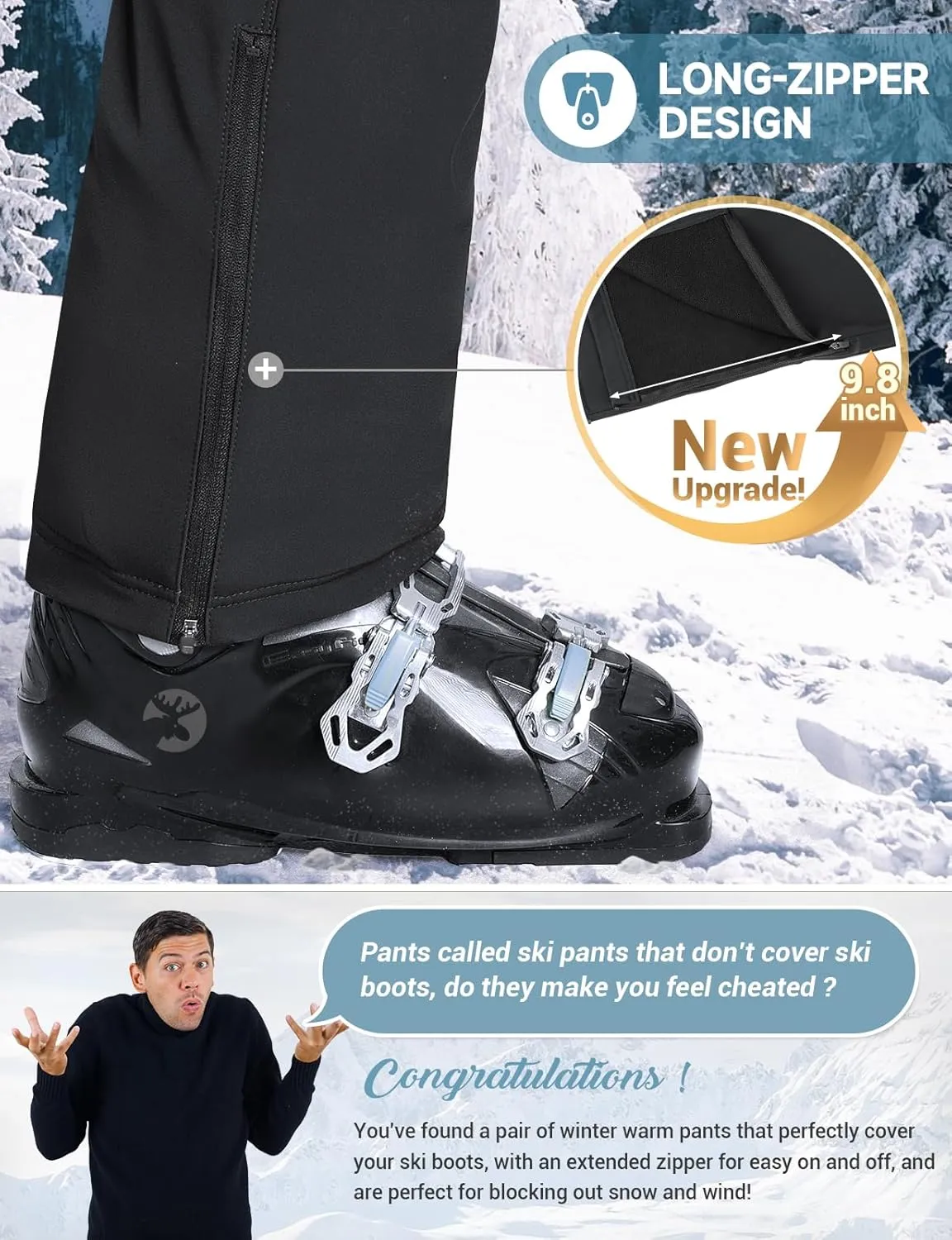 Moosehill Mens-Snow-Ski-Pants-Fleece-Lined-Pants Waterproof Winter Softshell Insulated Zipper Bottom Leg for Hiking Outdoor