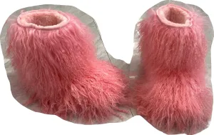 MSD-1 Woman's Tibetan Fur Boot With Real Mongolian Hairy Furry Sheepskin Shearling Lamb Skin Snow Boots Long Curly Hair Shoes For Young Lady Girls Outside Ski Fluffy Footwear Christmas Gifts Mid-Half Short Booties All Over Fur (5, Pink)