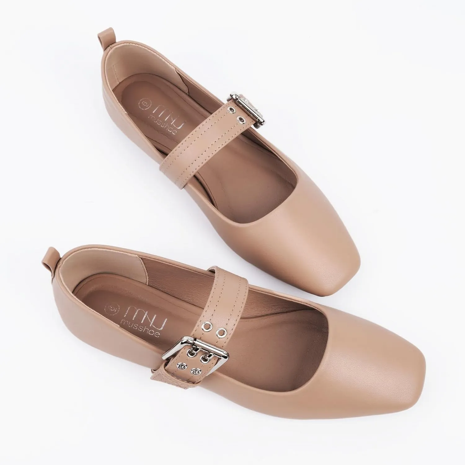 MUSSHOE Womens Ballet Mary Jane Flats Shoes Adjustable Strap Comfortable Square Closed Toe Versatile Chic Footwear with Latex Insole
