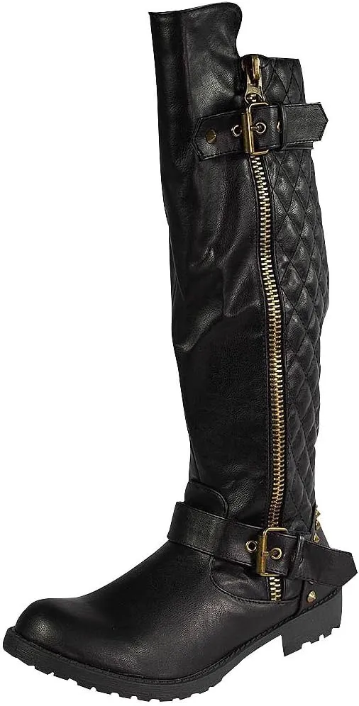 Nature Breeze Vivienne-01 Studded Quilted Leatherette Buckle Round Toe Motorcycle Boots,Vivienne-01 Black 6