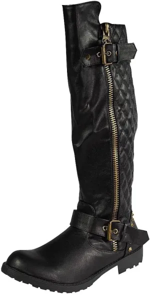 Nature Breeze Vivienne-01 Studded Quilted Leatherette Buckle Round Toe Motorcycle Boots,Vivienne-01 Black 6