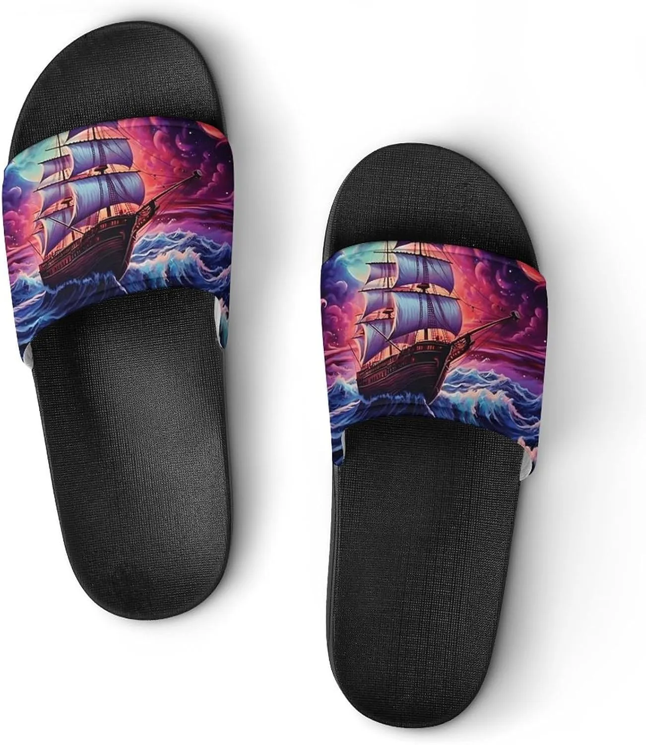 Neon Ocean Wave Boat Non Slip Slides Sandals for Women Men Quick Drying Shower Shoes for Bathroom Pool Beach