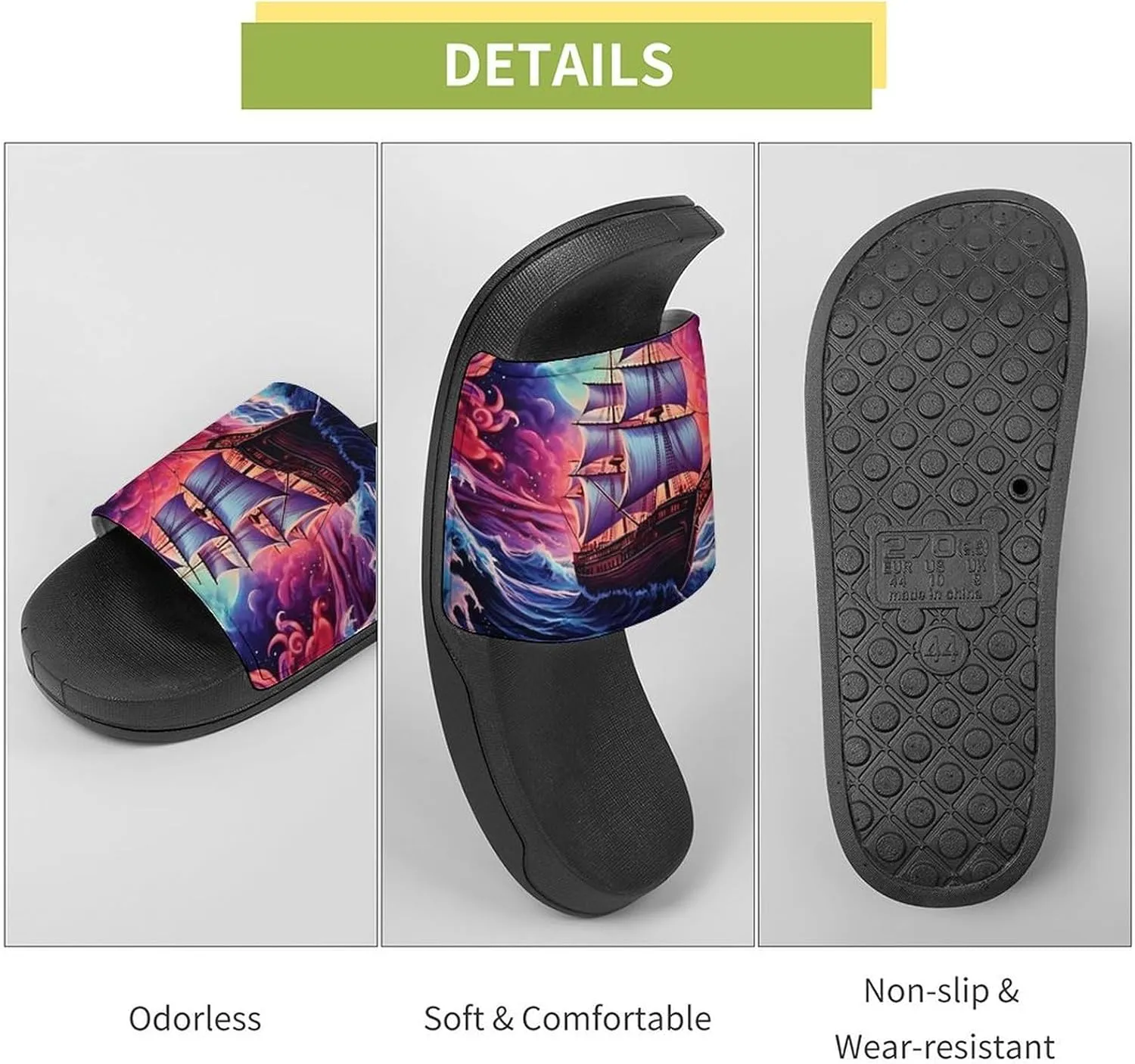 Neon Ocean Wave Boat Non Slip Slides Sandals for Women Men Quick Drying Shower Shoes for Bathroom Pool Beach
