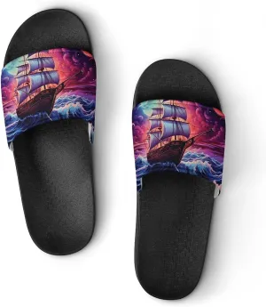 Neon Ocean Wave Boat Non Slip Slides Sandals for Women Men Quick Drying Shower Shoes for Bathroom Pool Beach