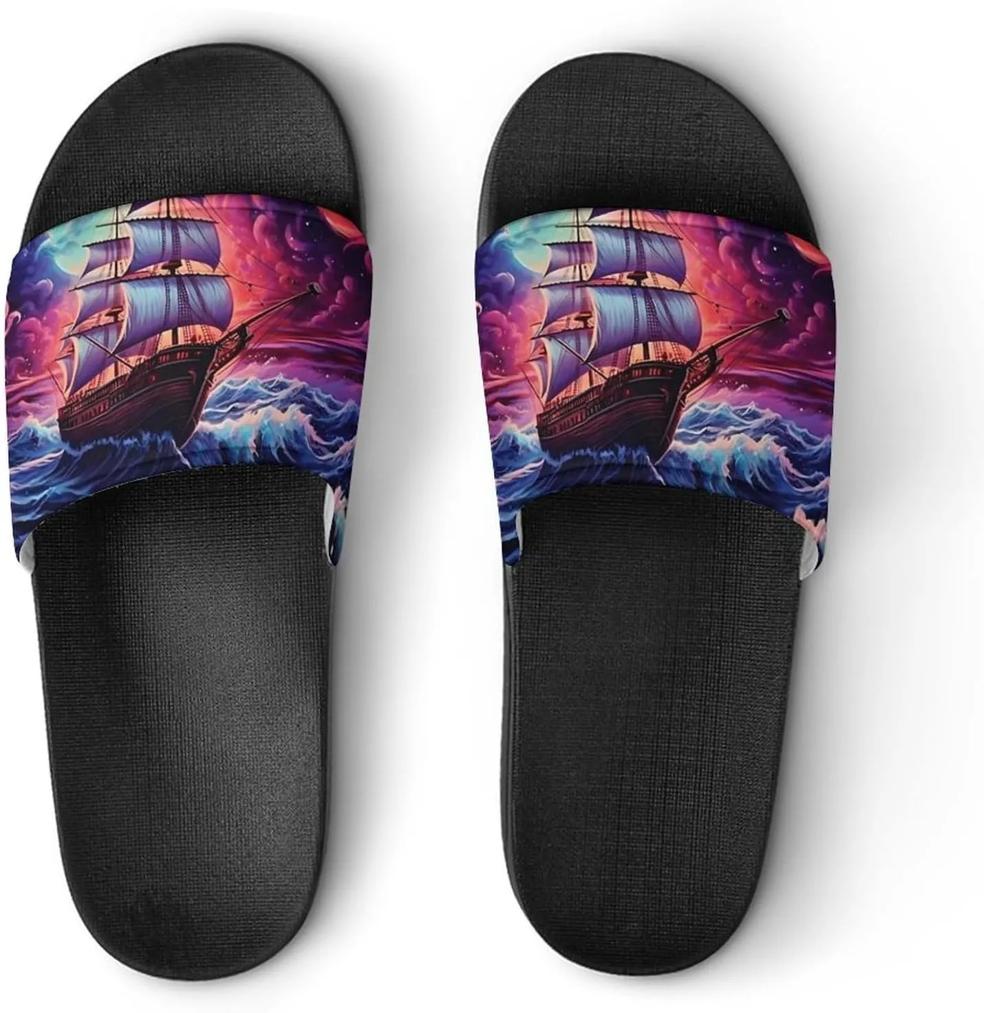Neon Ocean Wave Boat Non Slip Slides Sandals for Women Men Quick Drying Shower Shoes for Bathroom Pool Beach