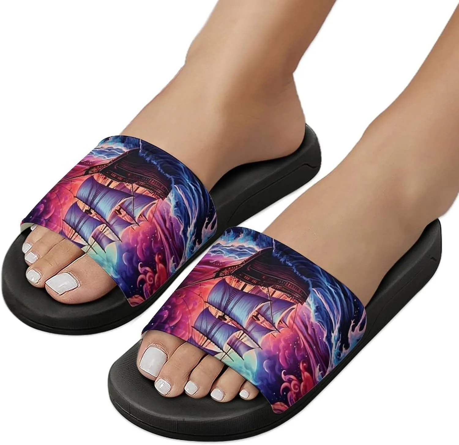 Neon Ocean Wave Boat Non Slip Slides Sandals for Women Men Quick Drying Shower Shoes for Bathroom Pool Beach