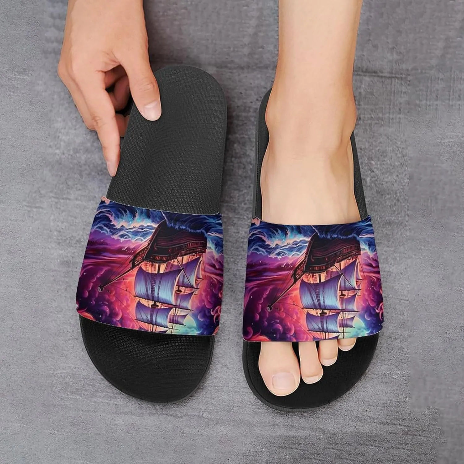 Neon Ocean Wave Boat Non Slip Slides Sandals for Women Men Quick Drying Shower Shoes for Bathroom Pool Beach