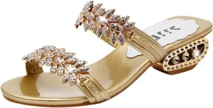 oiangi Sparkly Rhinestones Sandals for Women Chunky Heel Double Straps Sequined Open Toe Slip on Mid Heel Shoes Party Wedding Club Sandalias Slipper