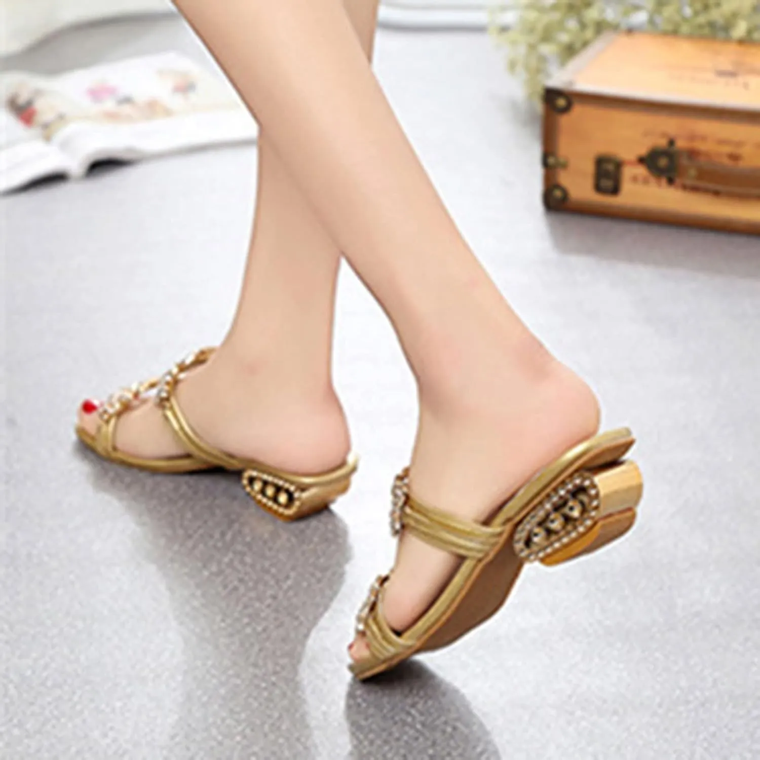 oiangi Sparkly Rhinestones Sandals for Women Chunky Heel Double Straps Sequined Open Toe Slip on Mid Heel Shoes Party Wedding Club Sandalias Slipper