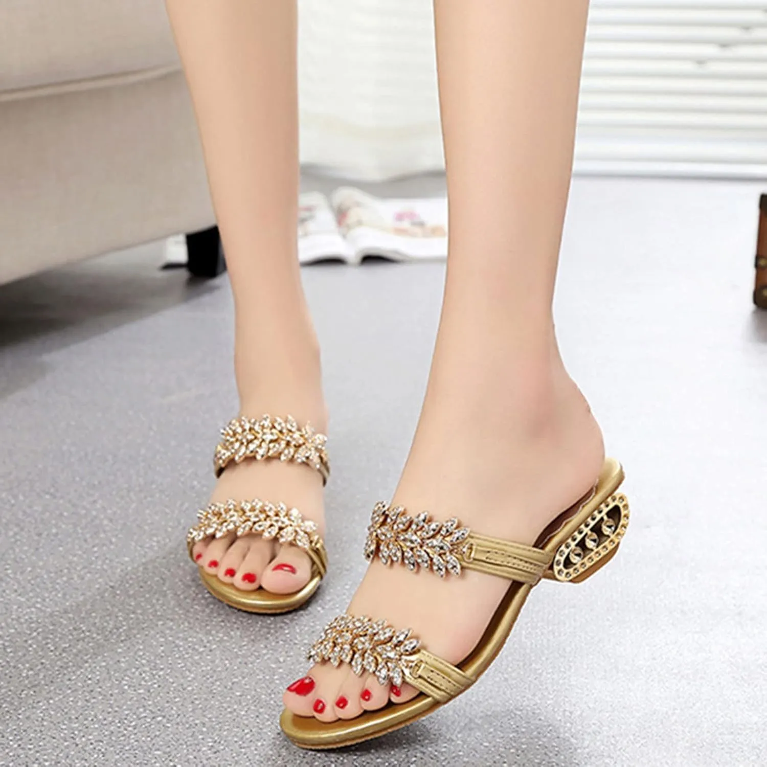 oiangi Sparkly Rhinestones Sandals for Women Chunky Heel Double Straps Sequined Open Toe Slip on Mid Heel Shoes Party Wedding Club Sandalias Slipper