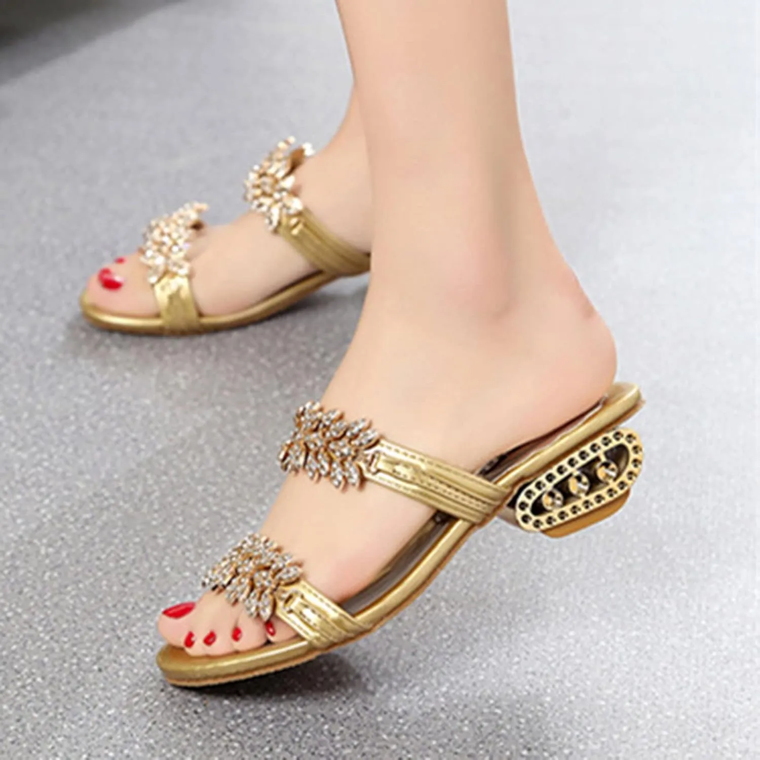 oiangi Sparkly Rhinestones Sandals for Women Chunky Heel Double Straps Sequined Open Toe Slip on Mid Heel Shoes Party Wedding Club Sandalias Slipper
