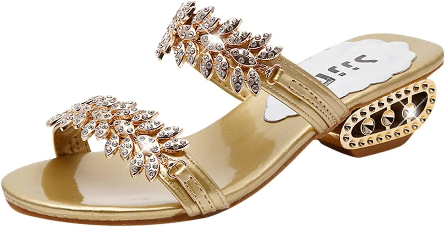 oiangi Sparkly Rhinestones Sandals for Women Chunky Heel Double Straps Sequined Open Toe Slip on Mid Heel Shoes Party Wedding Club Sandalias Slipper