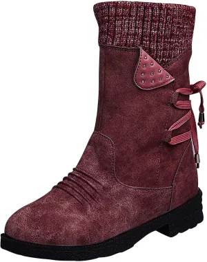 oiangi Womens Winter Boots 2022 Fashion Round Toe Lace Up Side Zipper Wool Patchwork Warm Block Low Heel Mid Calf Boots Solid Casual Western Boots Shoes