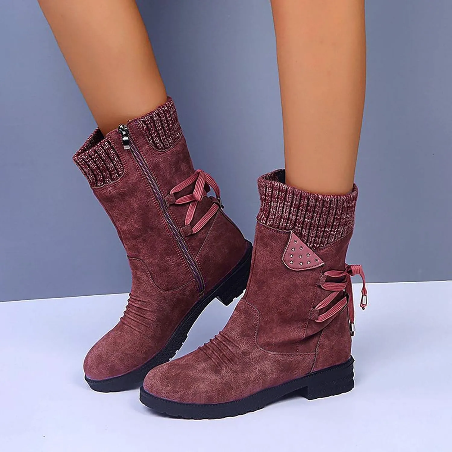 oiangi Womens Winter Boots 2022 Fashion Round Toe Lace Up Side Zipper Wool Patchwork Warm Block Low Heel Mid Calf Boots Solid Casual Western Boots Shoes