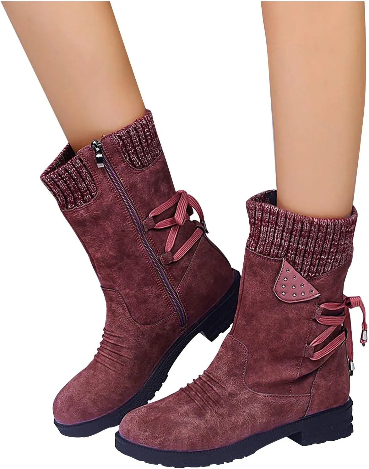 oiangi Womens Winter Boots 2022 Fashion Round Toe Lace Up Side Zipper Wool Patchwork Warm Block Low Heel Mid Calf Boots Solid Casual Western Boots Shoes