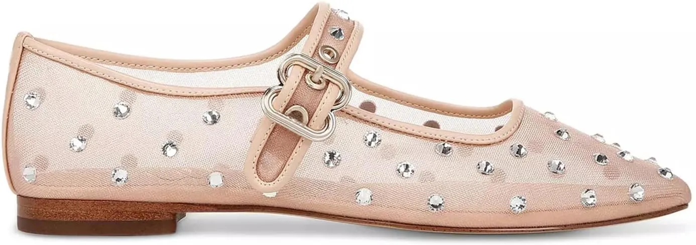 olomisa Rhinestones Ballet Flats for Women, Sparkly Mary Jane Flats Ballerina Square Toe Buckle Strap Shoes