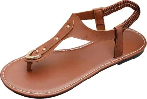 OYOANGLE Women's Toe Post Thong Sandals Open Toe Ankle Strap Dressy Flat Sandals