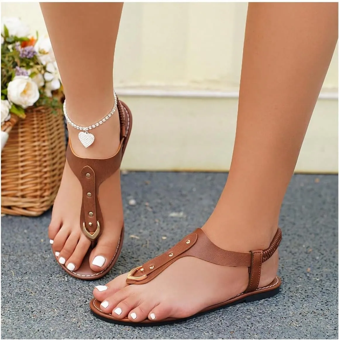 OYOANGLE Women's Toe Post Thong Sandals Open Toe Ankle Strap Dressy Flat Sandals