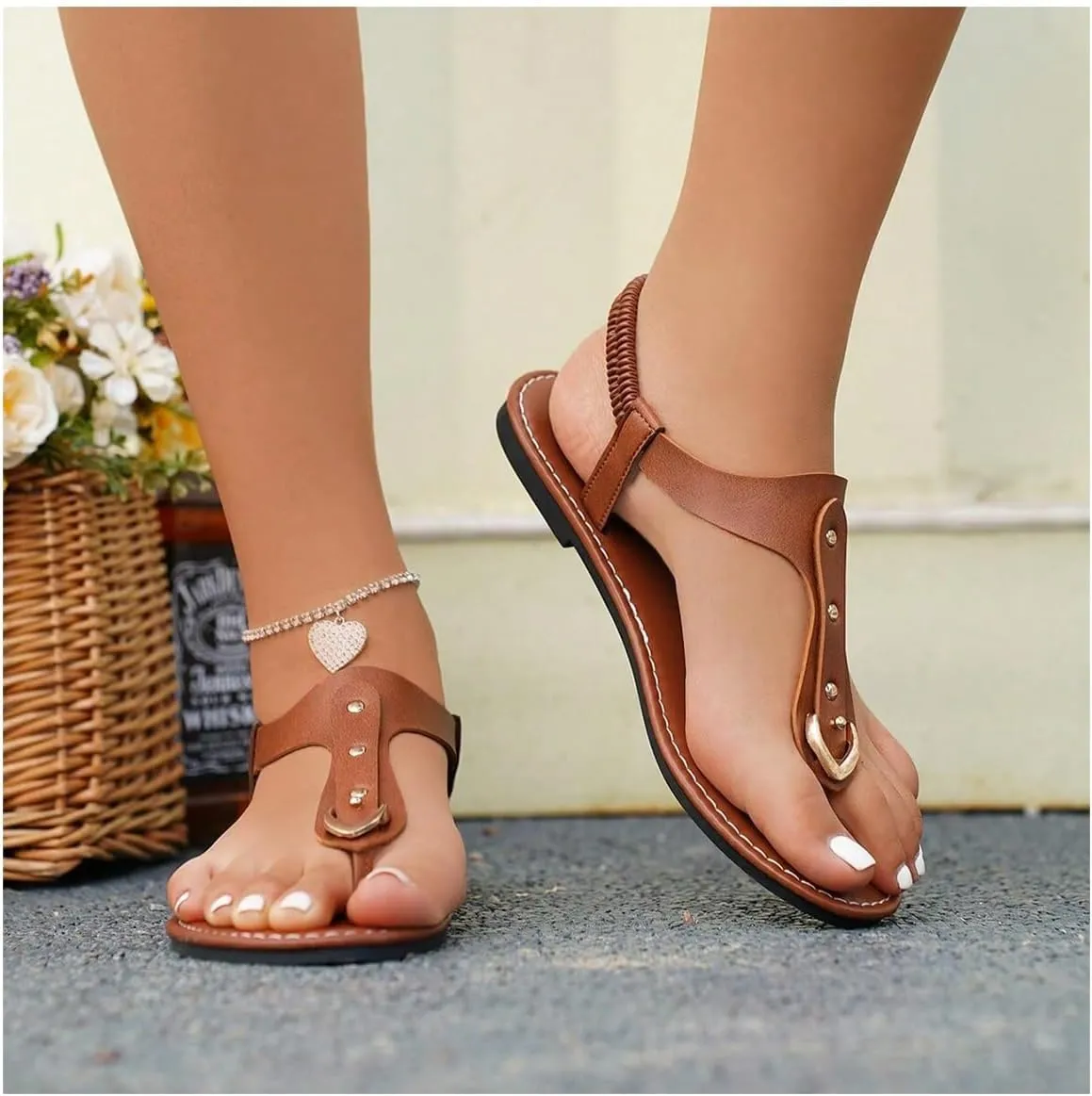 OYOANGLE Women's Toe Post Thong Sandals Open Toe Ankle Strap Dressy Flat Sandals