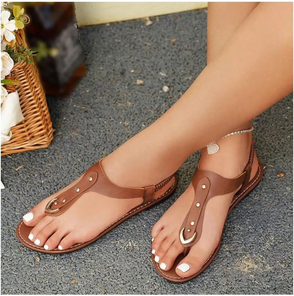 OYOANGLE Women's Toe Post Thong Sandals Open Toe Ankle Strap Dressy Flat Sandals