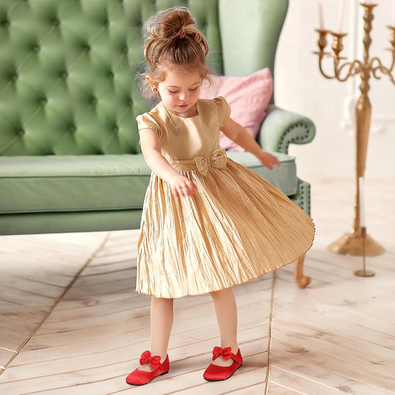 PANDANINJIA Toddler/Little Kid Girl's Angela Dress Mary Jane Ballet Flats Bow Flower Girl Wedding Party Ballerina Flat Shoes