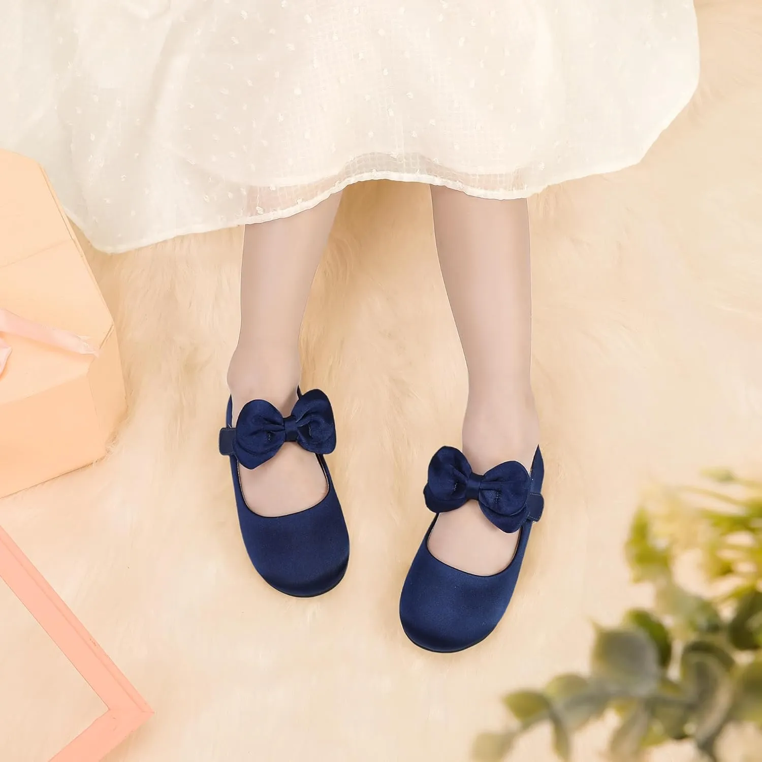 PANDANINJIA Toddler/Little Kid Girl's Angela Dress Mary Jane Ballet Flats Bow Flower Girl Wedding Party Ballerina Flat Shoes