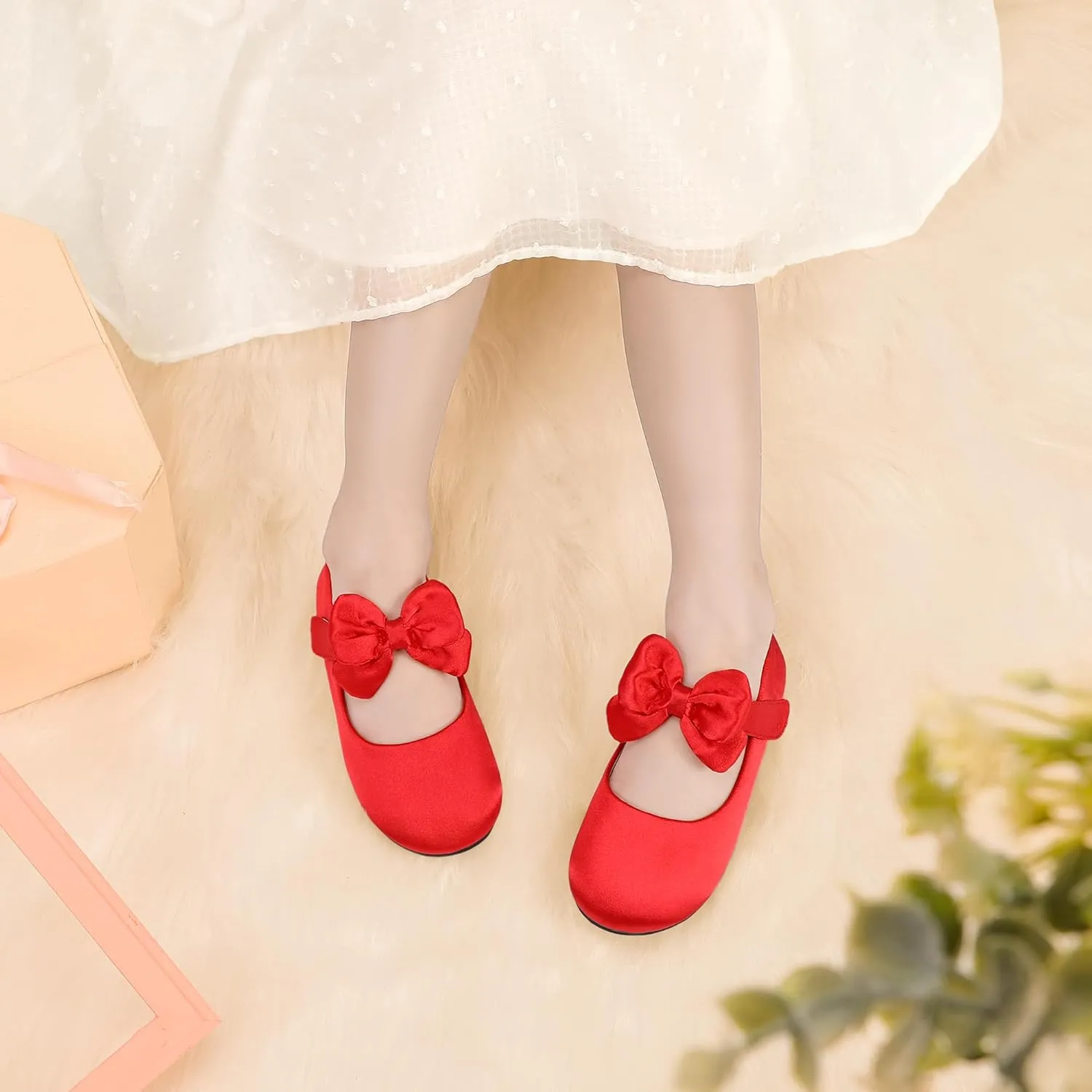 PANDANINJIA Toddler/Little Kid Girl's Angela Dress Mary Jane Ballet Flats Bow Flower Girl Wedding Party Ballerina Flat Shoes
