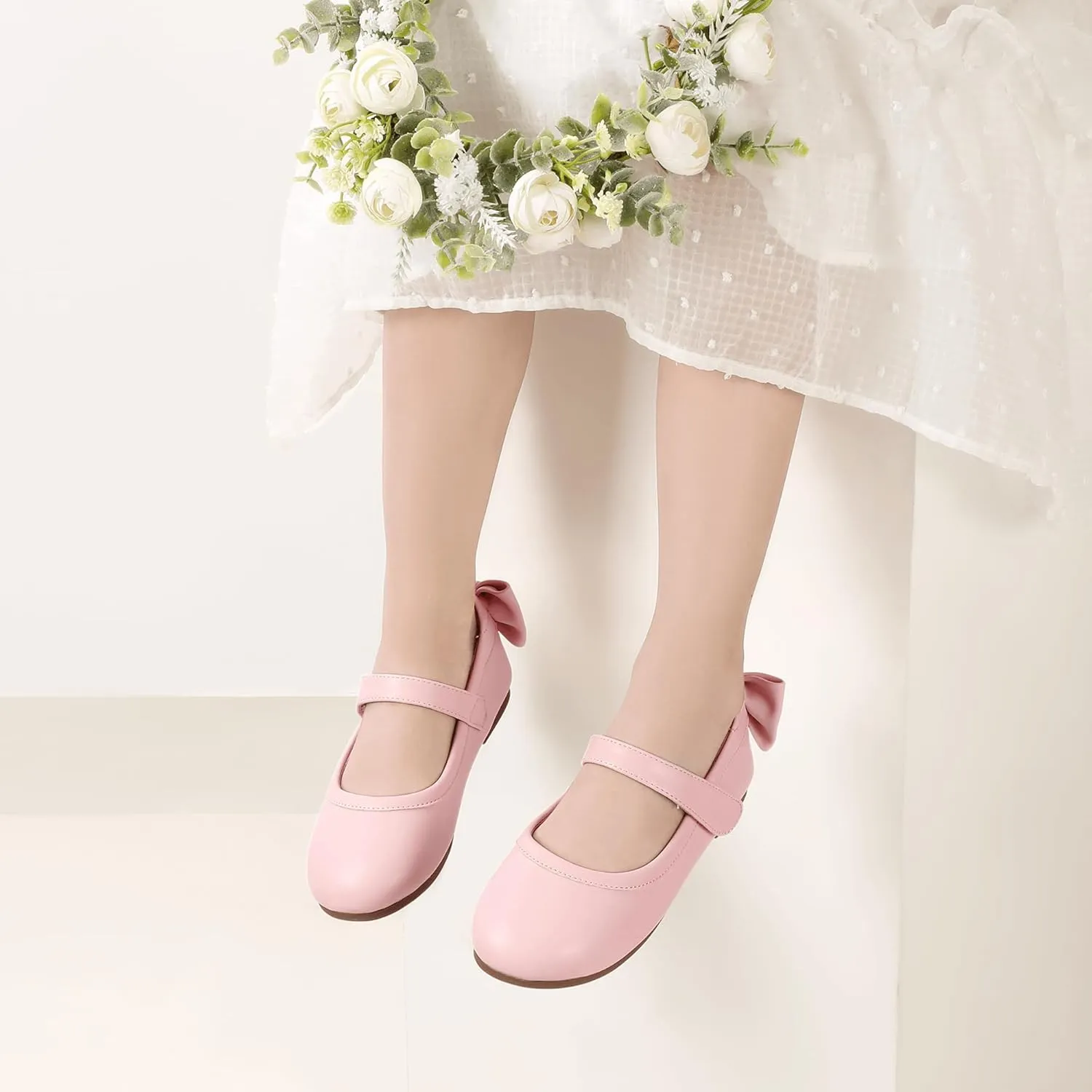 PANDANINJIA Toddler/Little Kid Girl's Angela Dress Mary Jane Ballet Flats Bow Flower Girl Wedding Party Ballerina Flat Shoes