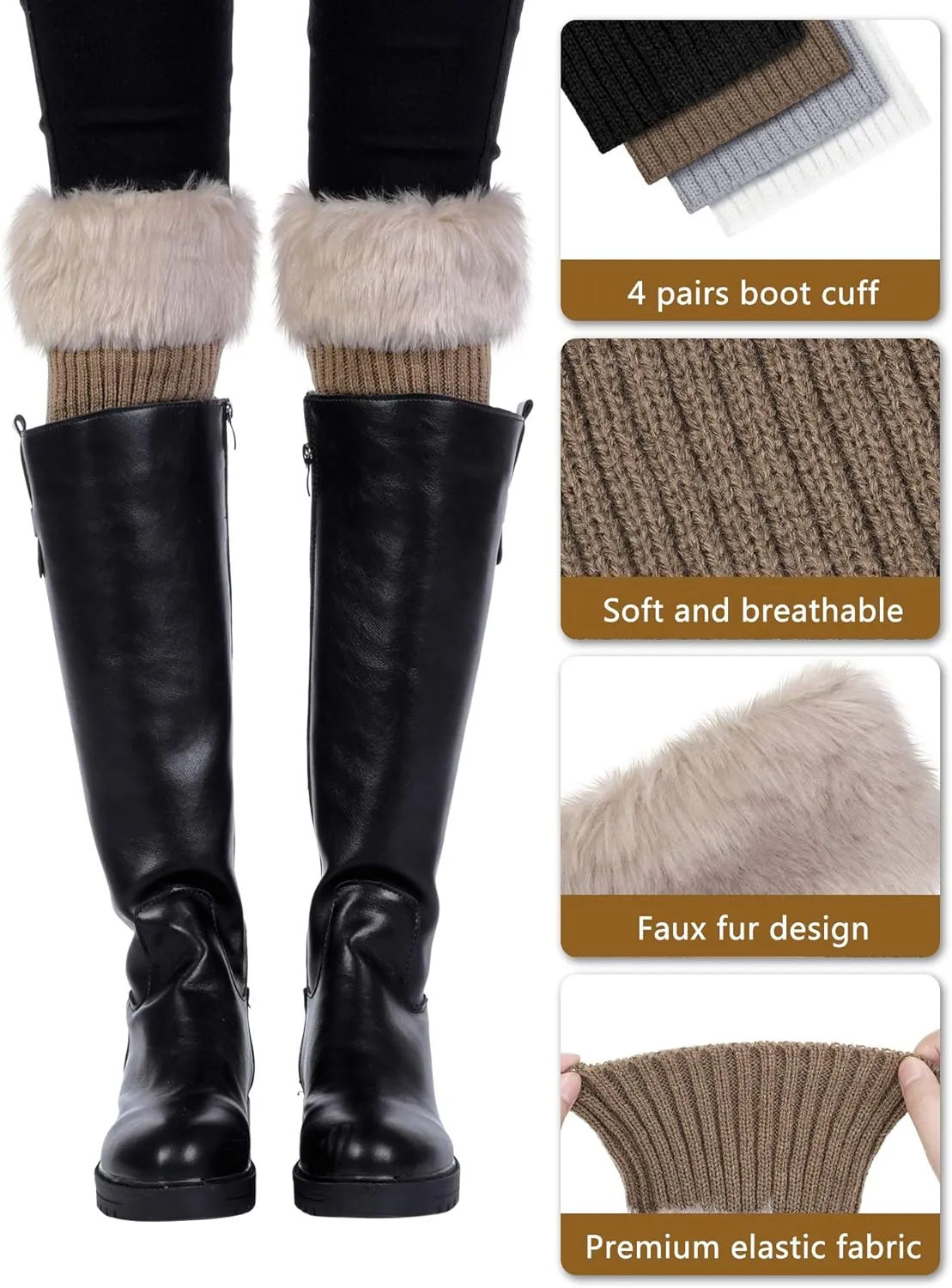 Pangda 4 Pairs Women Faux Fur Leg Warmers for Winter - Furry Fuzzy Knitted Boot Socks