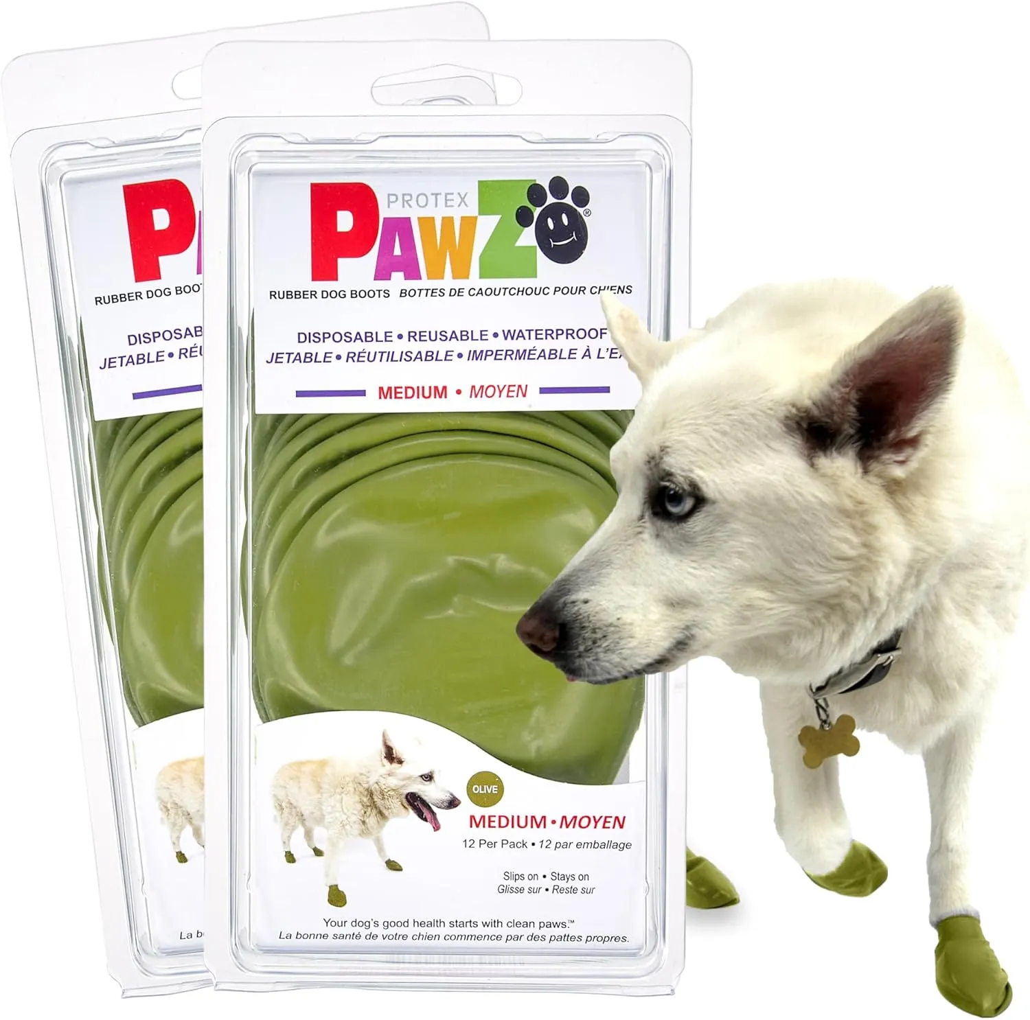PawZ Rubber Dog Boots for Paws up to 3", 24 Total (2 Packs of 12) - All-Weather Dog Booties for Hot Pavement, Snow, Mud, and Rain - Waterproof, Anti Slip Dog Socks - Medium, Olive Green