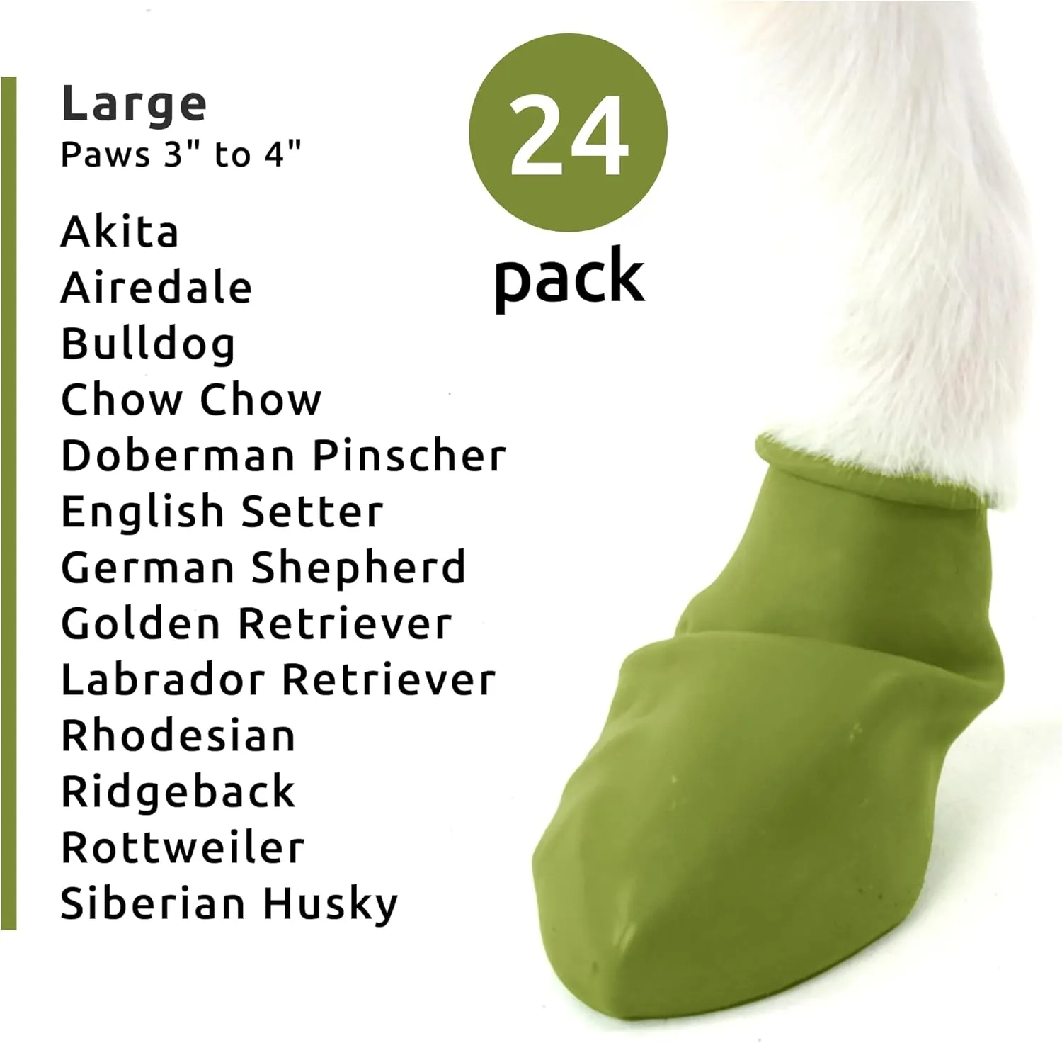 PawZ Rubber Dog Boots for Paws up to 4", 24 Total (2 Packs of 12) - All-Weather Dog Booties for Hot Pavement, Snow, Mud, and Rain - Waterproof, Anti Slip Dog Socks - Large, Olive Green