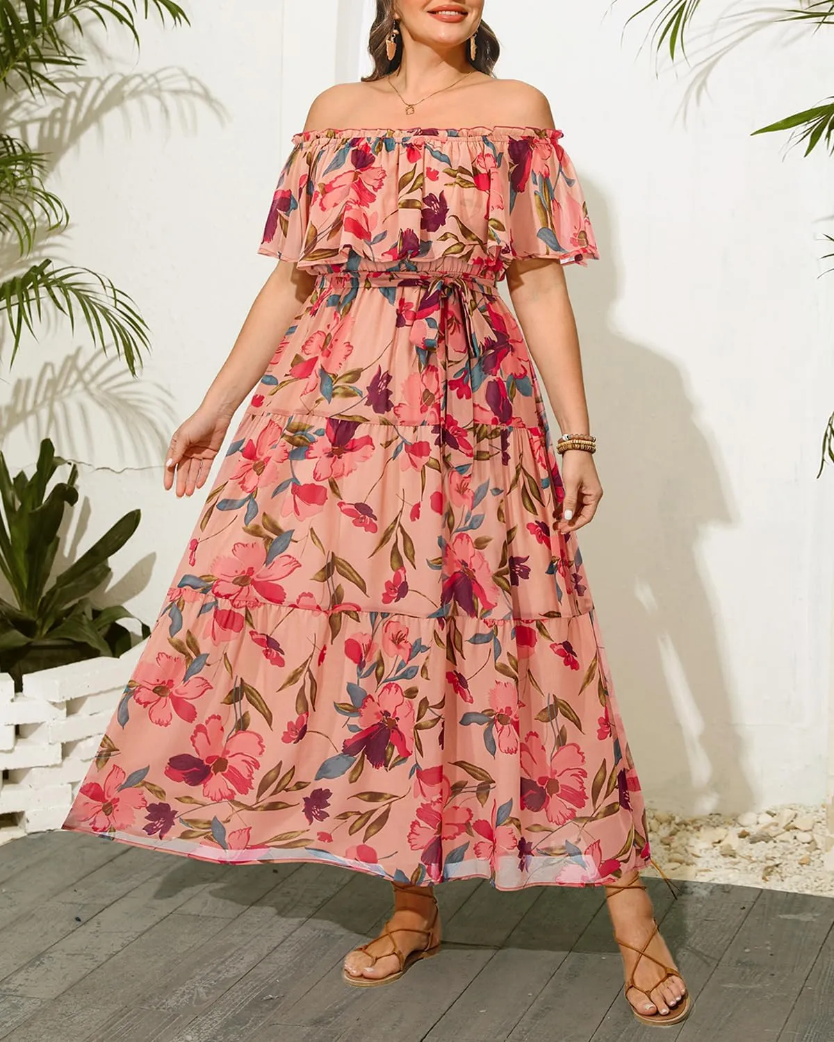 Plus Size Chiffon Off The Shoulder Maxi Long Floral Summer Casual Beach Boho Sundress Women 2024