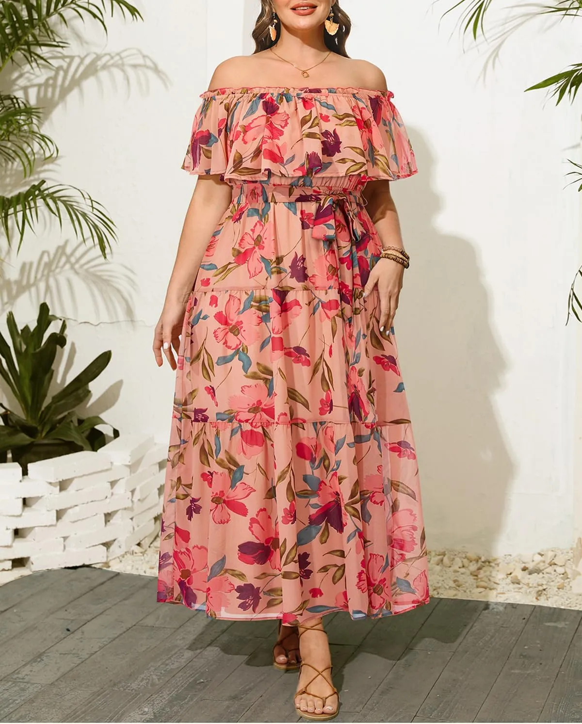 Plus Size Chiffon Off The Shoulder Maxi Long Floral Summer Casual Beach Boho Sundress Women 2024