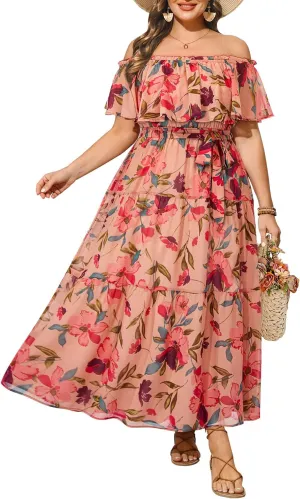 Plus Size Chiffon Off The Shoulder Maxi Long Floral Summer Casual Beach Boho Sundress Women 2024