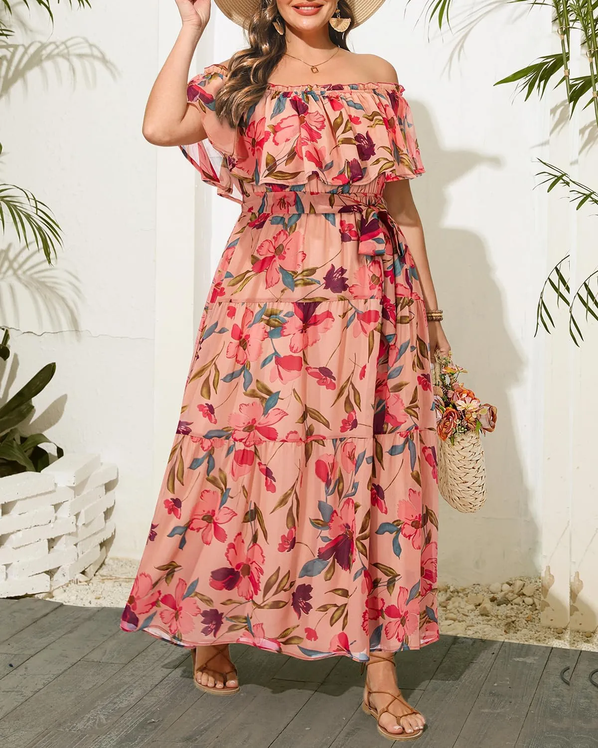 Plus Size Chiffon Off The Shoulder Maxi Long Floral Summer Casual Beach Boho Sundress Women 2024