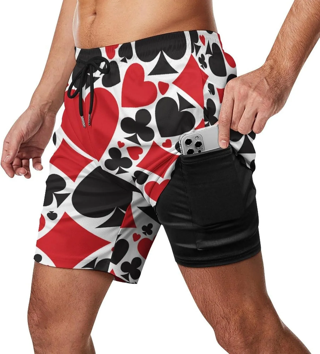 Poker Card Print Shorts Mens Beach Short Compression Liner Short Pants Sport Shorts Quick Dry Stretch Trunks Beach
