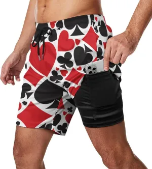 Poker Card Print Shorts Mens Beach Short Compression Liner Short Pants Sport Shorts Quick Dry Stretch Trunks Beach