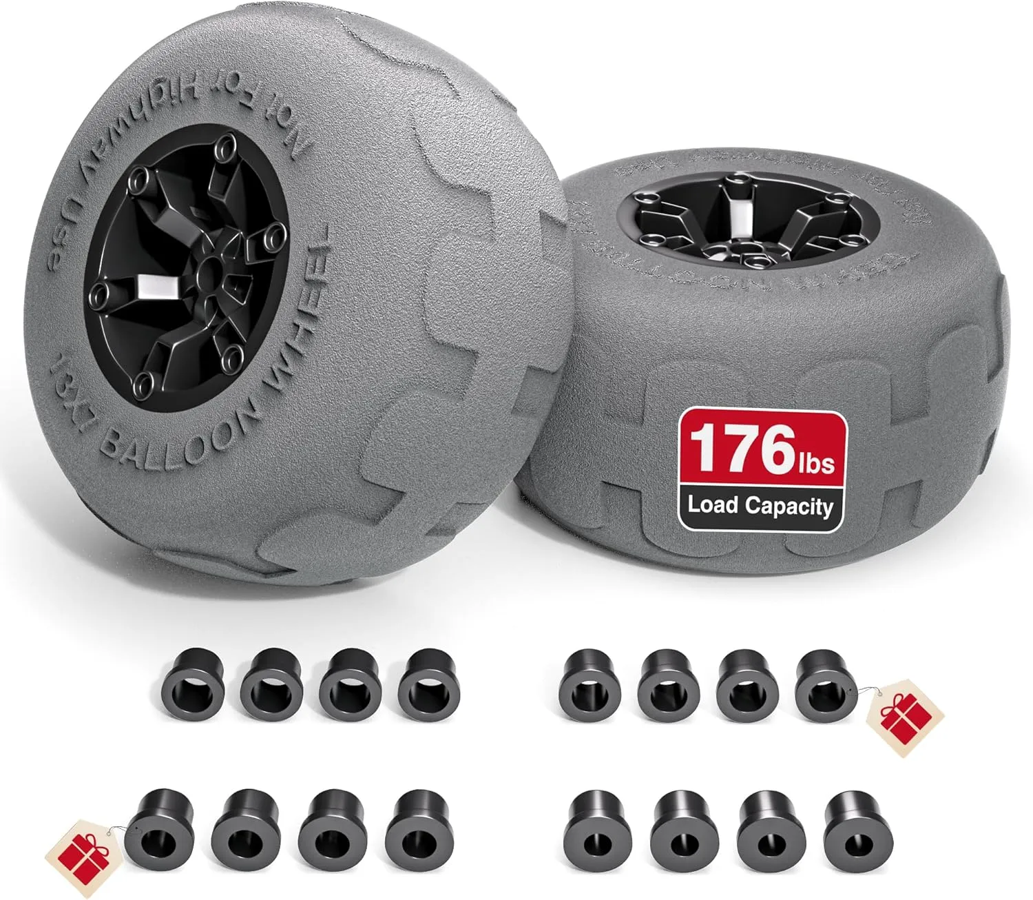 PYY Beach Wheels Sand Tires 13", Flat-Free Solid Big Wheels Replacement for Rolling Beach Cart Wagon Trolley Buggy Dolly, 176LBS Loading Capacity, 0.87" Axle, 4 Size Axle Adapters 2 Pack
