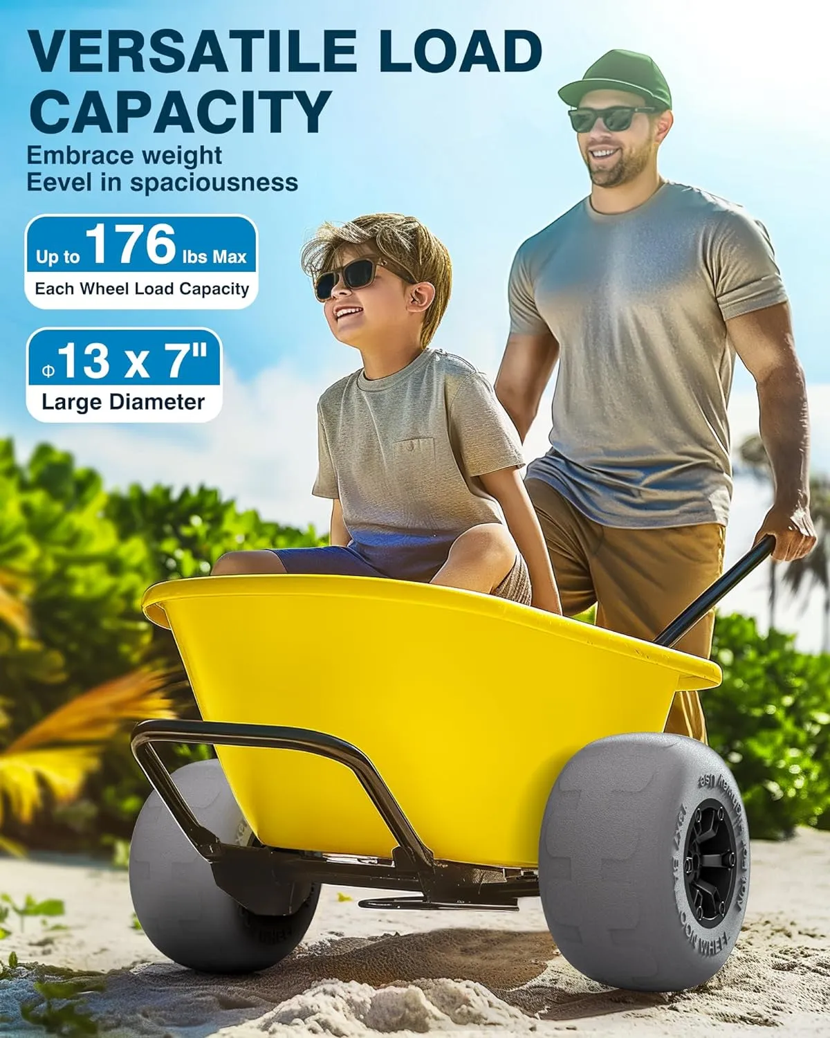 PYY Beach Wheels Sand Tires 13", Flat-Free Solid Big Wheels Replacement for Rolling Beach Cart Wagon Trolley Buggy Dolly, 176LBS Loading Capacity, 0.87" Axle, 4 Size Axle Adapters 2 Pack
