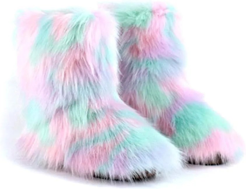 QINGCOMFACAI Women's Faux Fur Bootie Slippers Furry Fluffy Comfy Plush Boots Anti Slip Indoor House Shoes